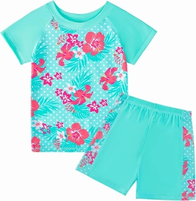 Girls Two Piece Swimsuits Bathing Suits for Little Girl Rash Guard Short Sleeve Beach Swimwear Set for Kid 4-12 Years