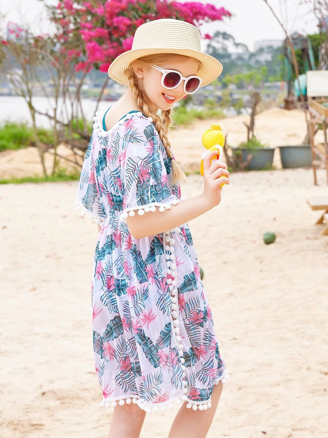 Goodstoworld 7-12Y Girls 3 Piece Cover Up Swimsuit Hawaiian Bikini Bathing Suit with Pompom Tassel