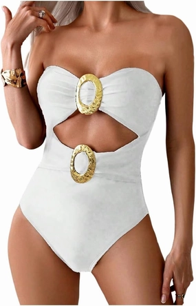 GORGLITTER Women's Strapless Metal One Pieces Swimsuits Modest Tummy Control Bathing Suit Cut Out Bandeau Monokini