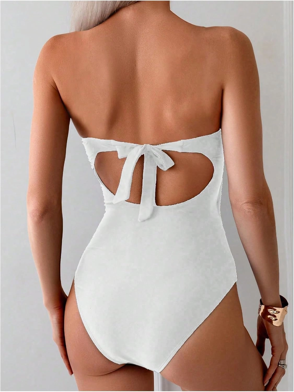 GORGLITTER Women's Strapless Metal One Pieces Swimsuits Modest Tummy Control Bathing Suit Cut Out Bandeau Monokini