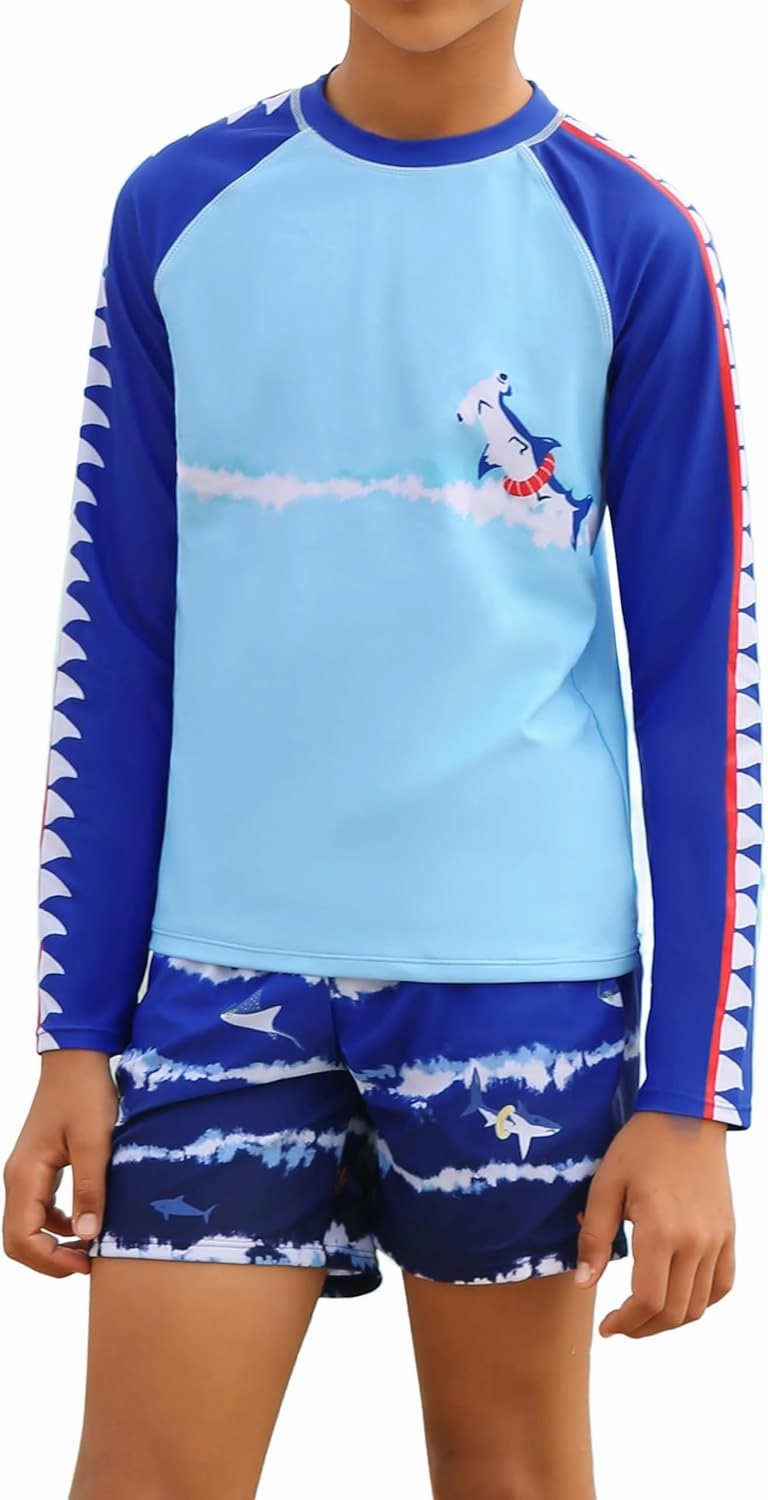 GRACE KARIN Boy Kids Two Piece Swimsuits Long Sleeve Rash Guard Swimwear Cute Bathing Suit Sets 5-12Y