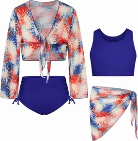GRACE KARIN Girls Bathing Suit Adjustable Taniki Swimsuit Tie Front 4 Piece Bikini Set with Kimono Cover Up 6-14