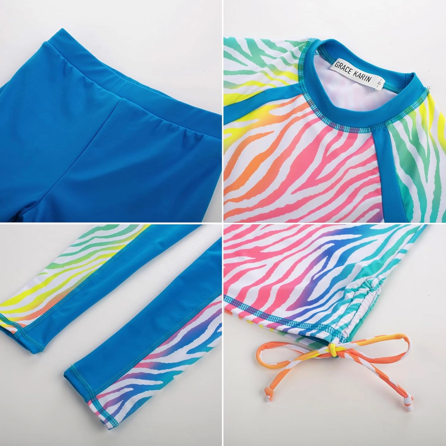 GRACE KARIN Girls Long Sleeve Swimsuit Two Piece Rashguard Floral Swimwear 6-14Y