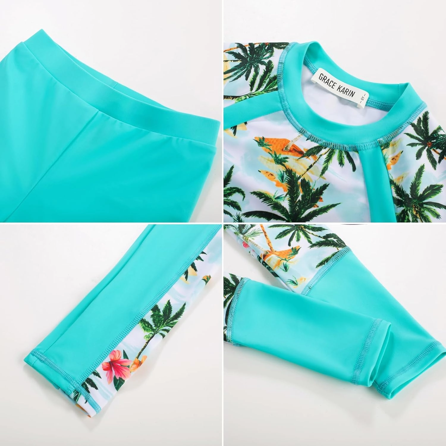 GRACE KARIN Girls Long Sleeve Swimsuit Two Piece Rashguard Floral Swimwear 6-14Y
