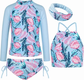 GRACE KARIN Girls Swimsuit Tankini Set Rash Guard Long Sleeve Swimsuit 4 Piece Bathing Suit Swimwear 5-14Y