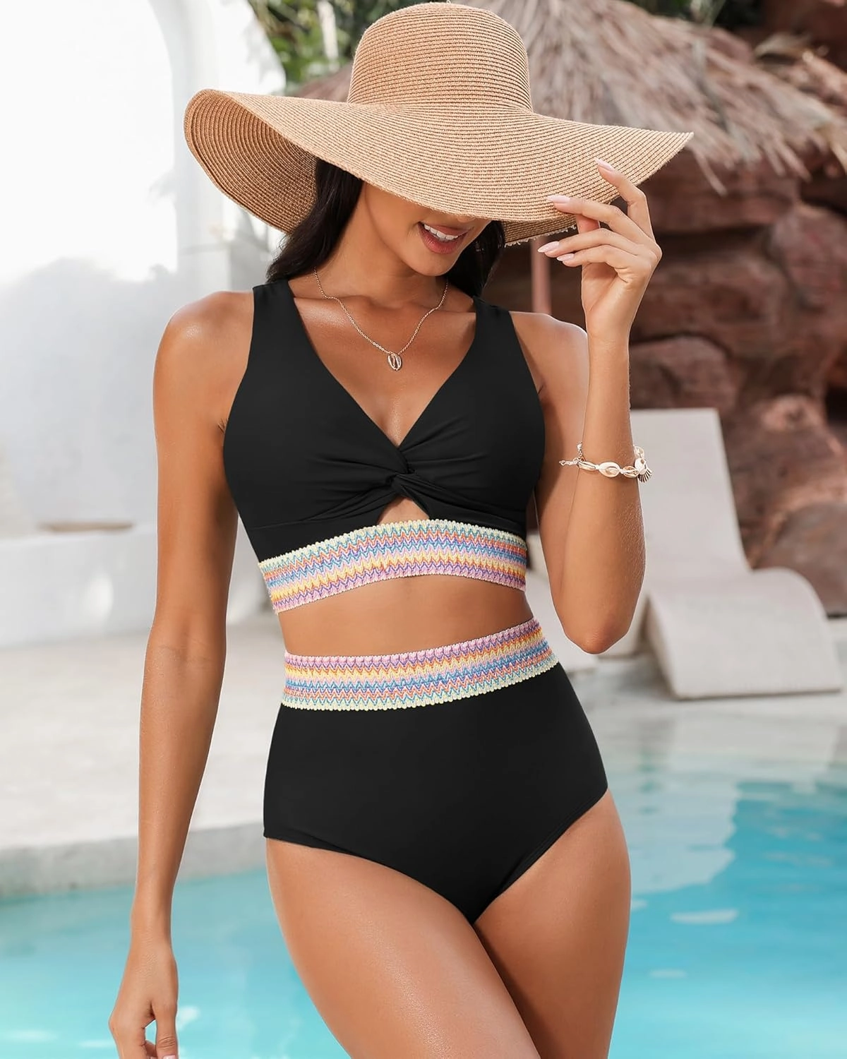 GRAPENT Bikini Sets for Women High Waisted Two Piece Swimsuit Padded Knot Twist Cut Out Color Block Bathing Suit Bikinis