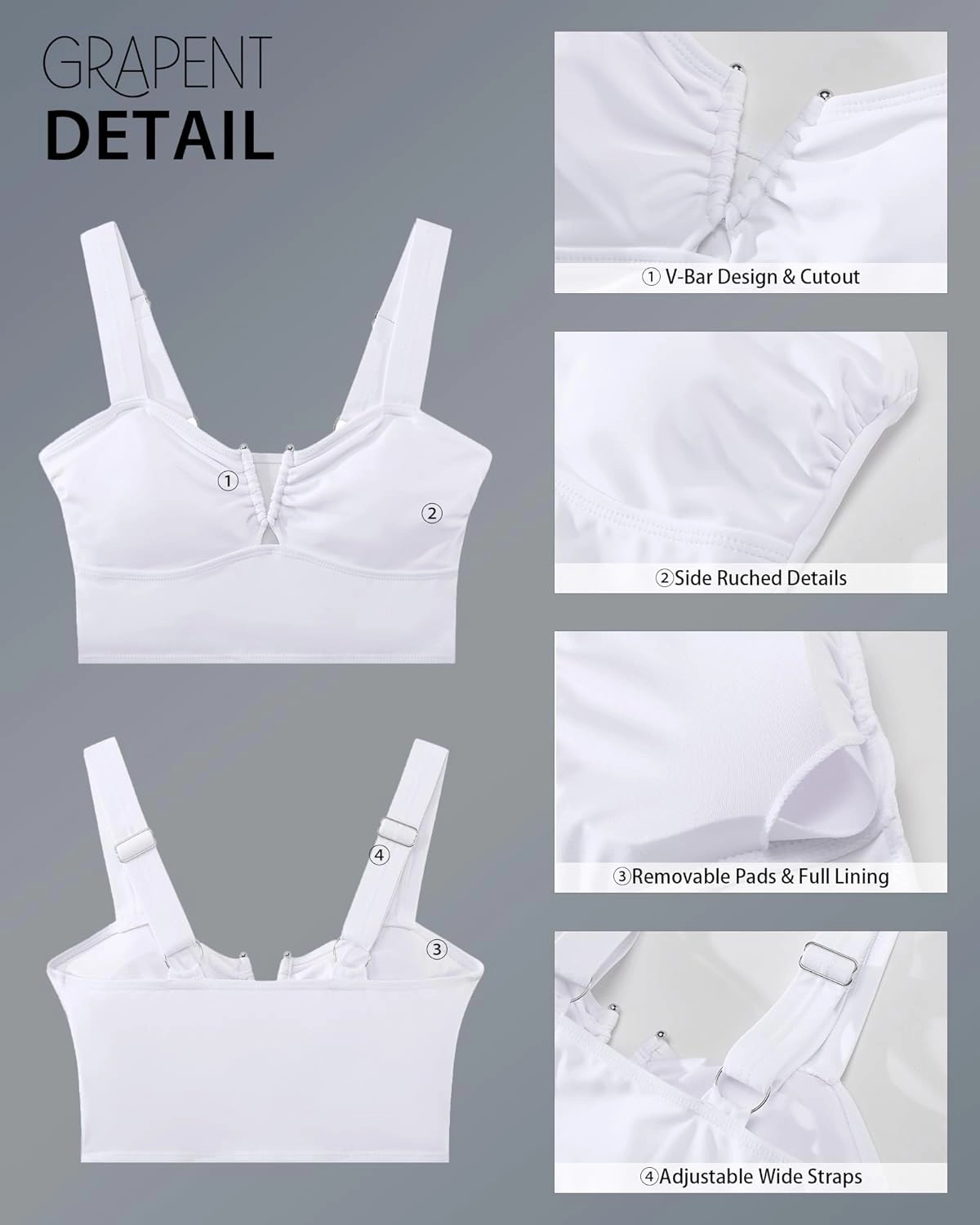 GRAPENT Bikini Tops for Women Cropped Tankini Tops Beach V Bar Padded Ruched Adjustable Strap Swimsuit Swim Top Only