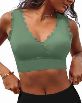 GRAPENT Bikini Tops for Women Scalloped Bathing Suit Beach Padded Adjustable Cropped Tankini Swimwear Swim Top Only