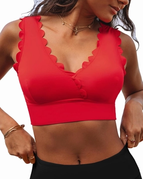 GRAPENT Bikini Tops for Women Scalloped Bathing Suit Beach Padded Adjustable Cropped Tankini Swimwear Swim Top Only
