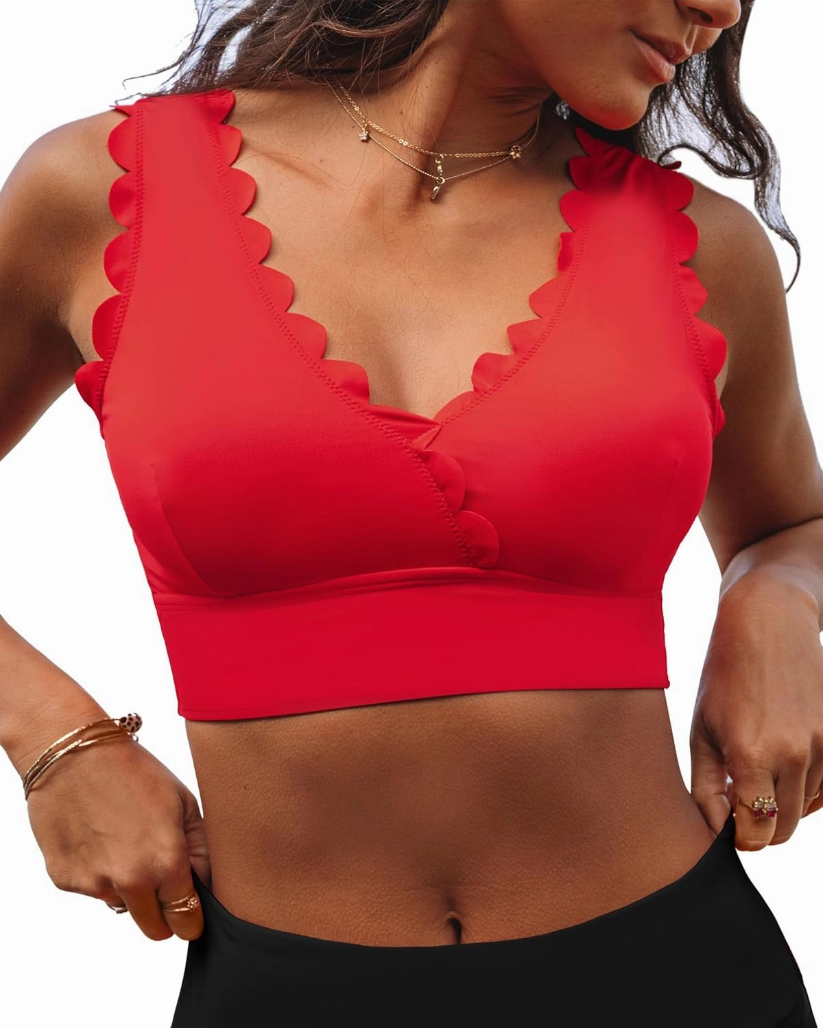 GRAPENT Bikini Tops for Women Scalloped Bathing Suit Beach Padded Adjustable Cropped Tankini Swimwear Swim Top Only