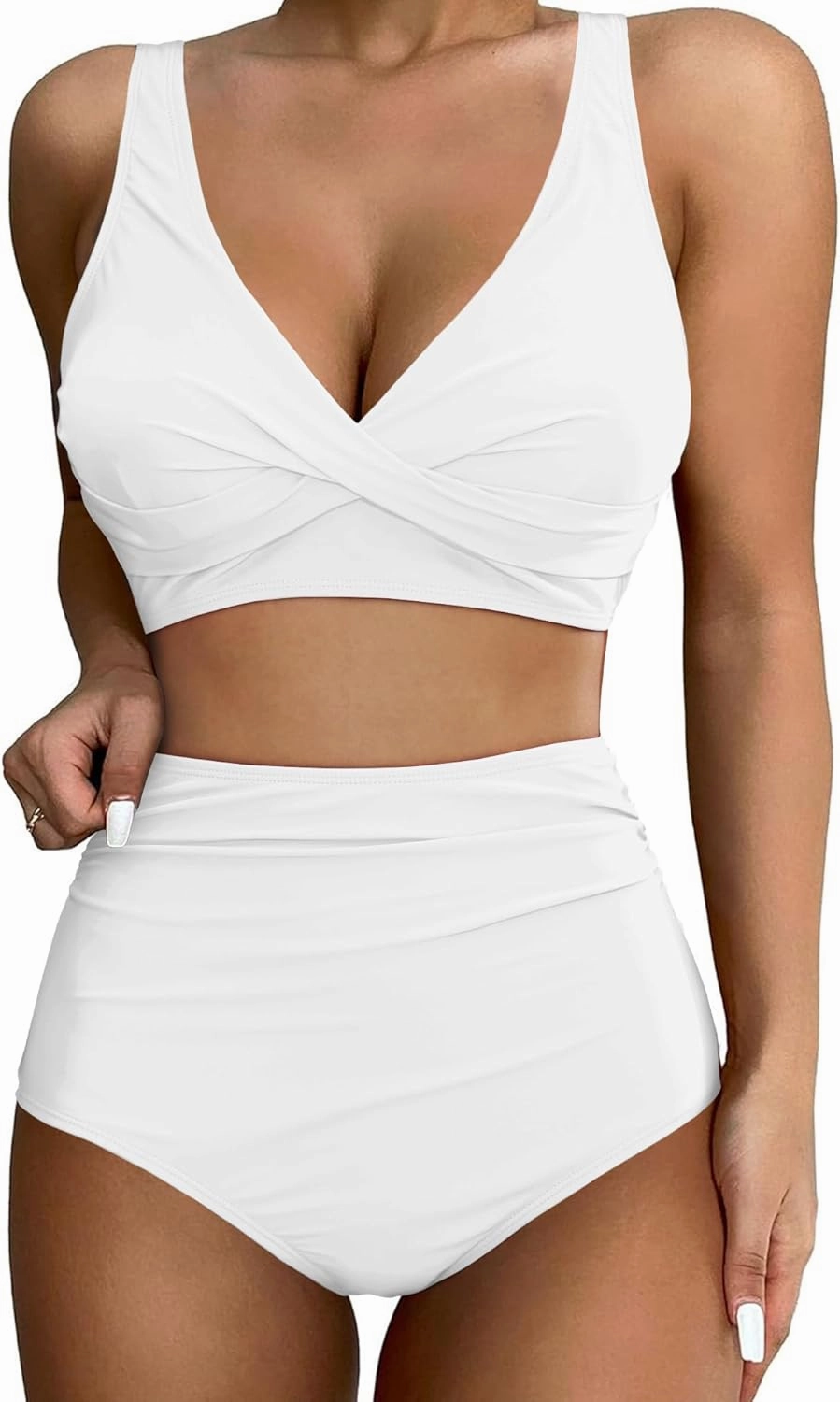 GRAPENT High Waisted Bikini Sets for Women Twist Front Tie Back 2 Piece Bathing Suit V Neck Ruched Swimsuits Bikinis