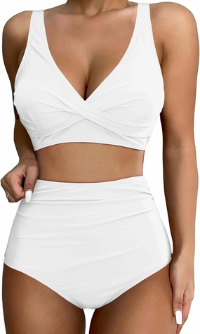 GRAPENT High Waisted Bikini Sets for Women Twist Front Tie Back 2 Piece Bathing Suit V Neck Ruched Swimsuits Bikinis