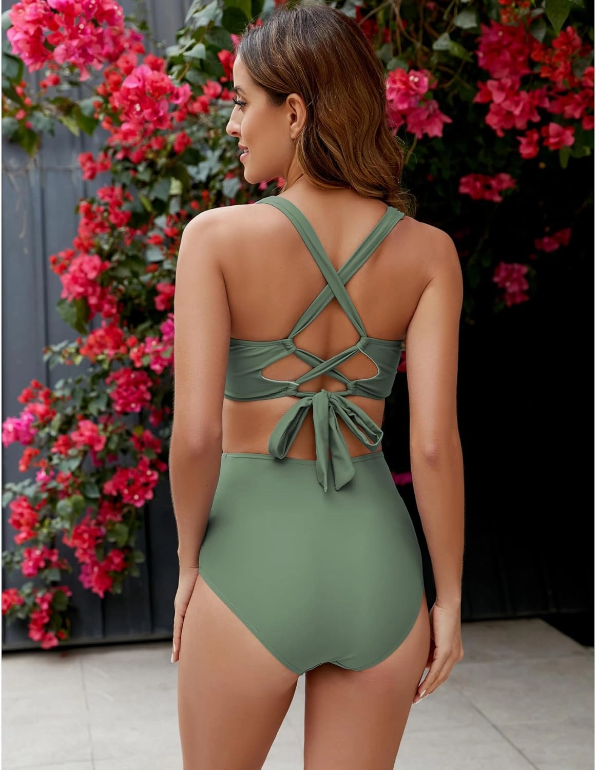 GRAPENT High Waisted Bikini Sets for Women Twist Front Tie Back 2 Piece Bathing Suit V Neck Ruched Swimsuits Bikinis
