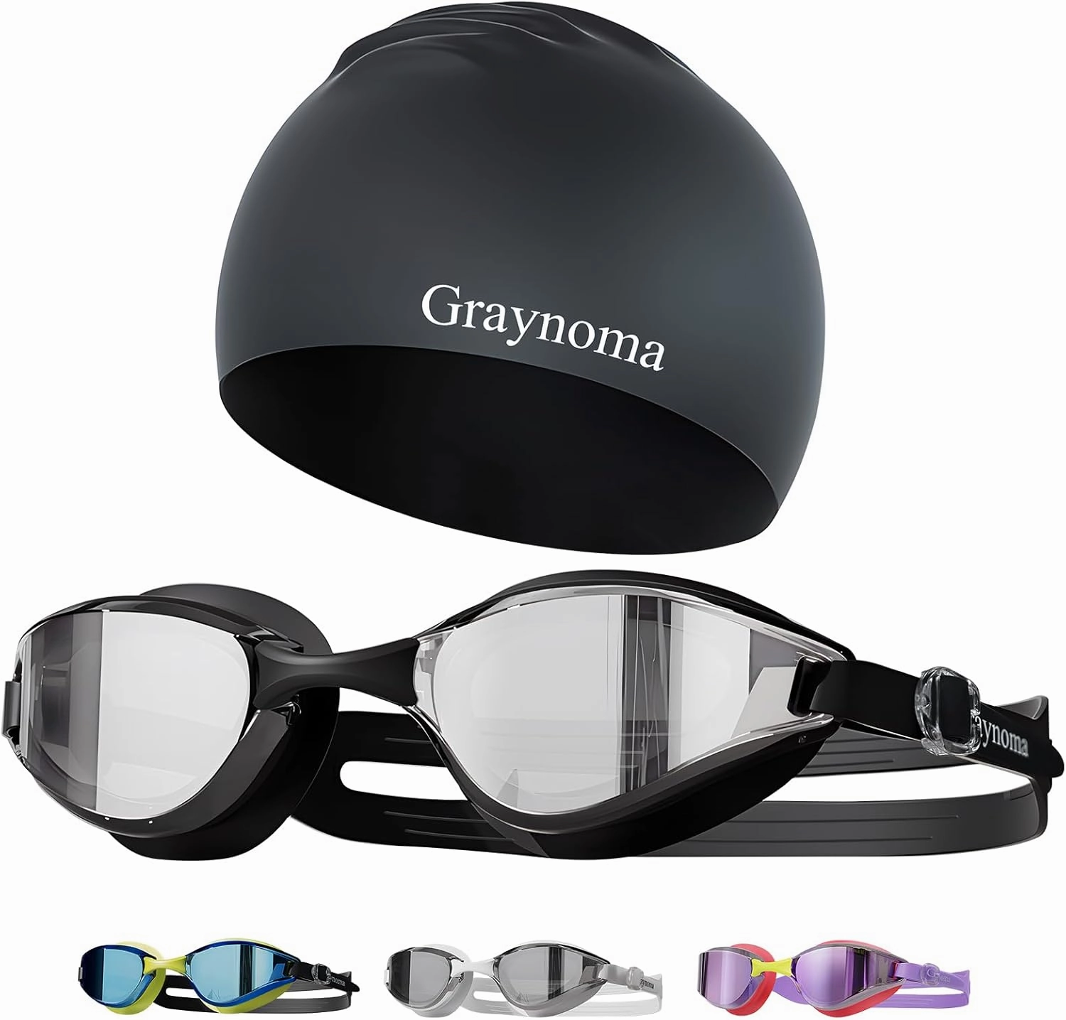 Graynoma Swim Goggles & Swim Cap Set, High Stretch Silicone Swim Cap and Anti-Fog Swimming Goggles for Adult Men Women
