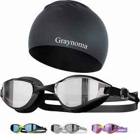 Graynoma Swim Goggles & Swim Cap Set, High Stretch Silicone Swim Cap and Anti-Fog Swimming Goggles for Adult Men Women