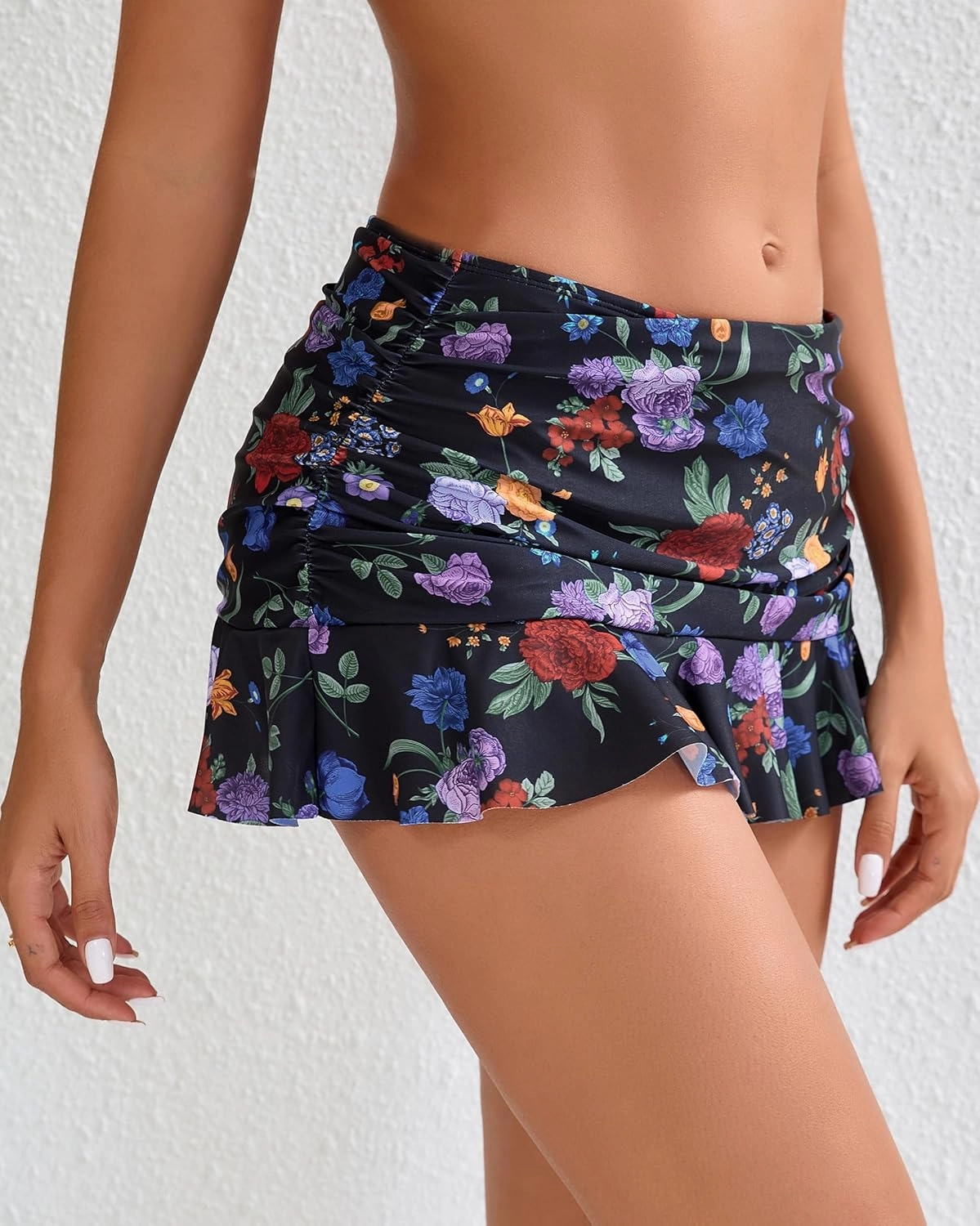 Halcurt Women's Low Waisted Ruched Ruffle Mini Swim Skirts with Hipster Bikini Bottoms Tummy Control Swimsuit