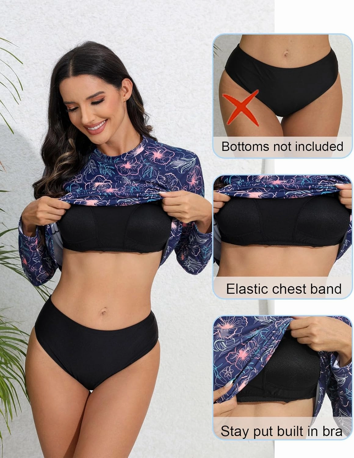 Halcurt Womens Long Sleeve Rash Guard Swim Top with Built in Bra UPF50  Sun Protection Swim Shirts Quick Dry Swimsuit