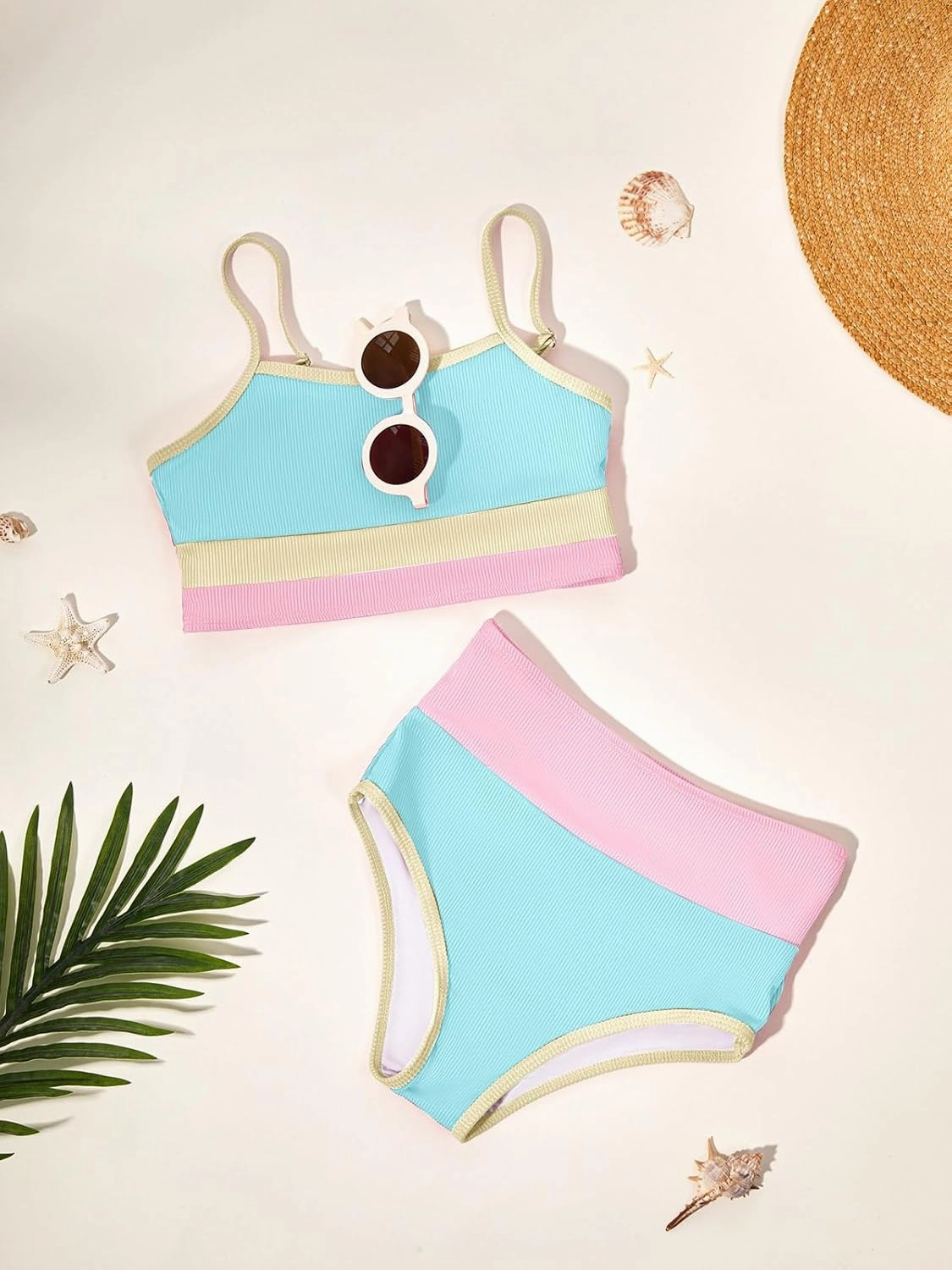 Haloumoning Girls Swimsuits Bikini Set Adjustable Straps Two Piece Color Block Girls' Swimwear with Chest Pad 5-14 Years