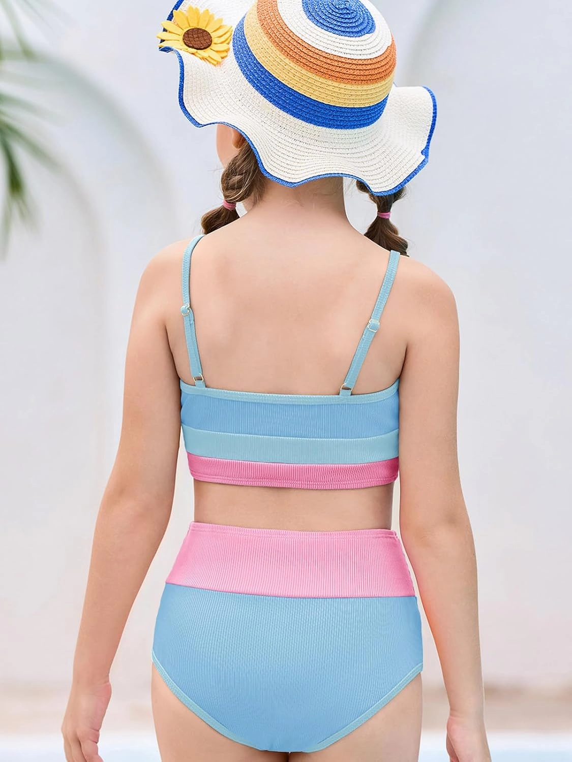 Haloumoning Girls Swimsuits Bikini Set Adjustable Straps Two Piece Color Block Girls' Swimwear with Chest Pad 5-14 Years