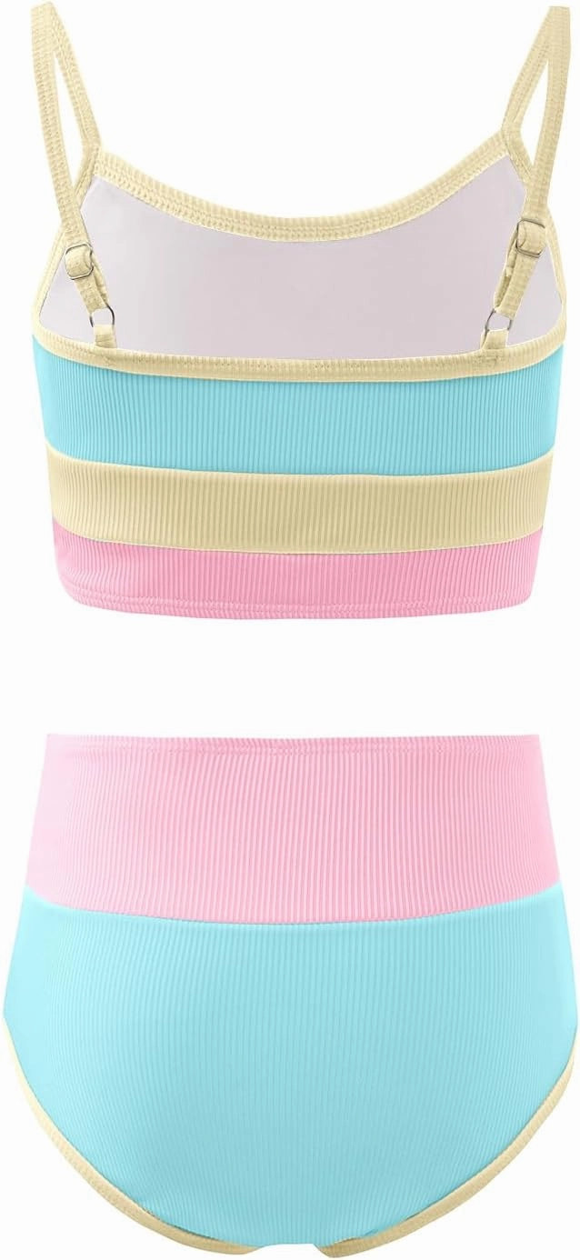 Haloumoning Girls Swimsuits Bikini Set Adjustable Straps Two Piece Color Block Girls' Swimwear with Chest Pad 5-14 Years
