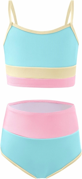 Haloumoning Girls Swimsuits Bikini Set Adjustable Straps Two Piece Color Block Girls' Swimwear with Chest Pad 5-14 Years
