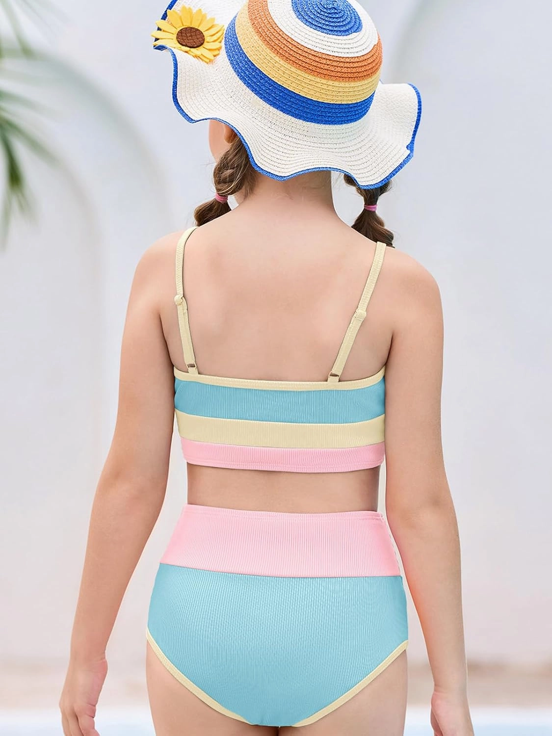 Haloumoning Girls Swimsuits Bikini Set Adjustable Straps Two Piece Color Block Girls' Swimwear with Chest Pad 5-14 Years