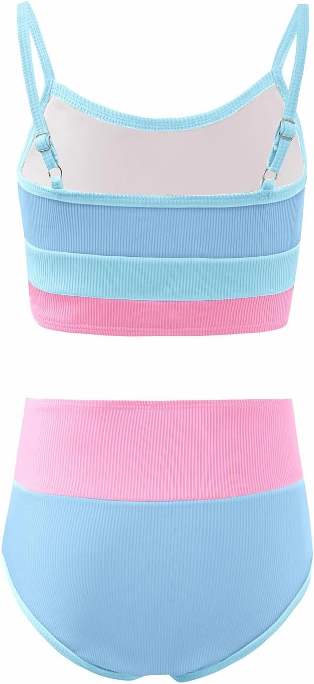 Haloumoning Girls Swimsuits Bikini Set Adjustable Straps Two Piece Color Block Girls' Swimwear with Chest Pad 5-14 Years