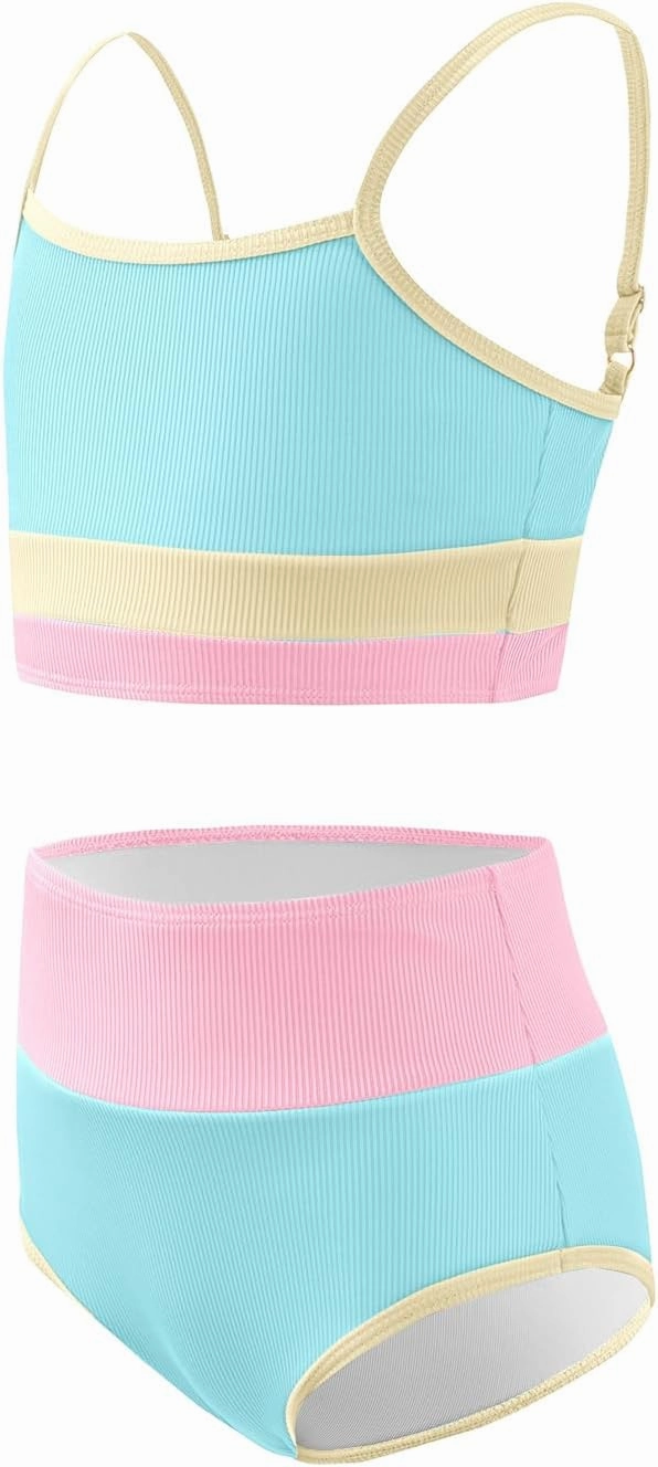 Haloumoning Girls Swimsuits Bikini Set Adjustable Straps Two Piece Color Block Girls' Swimwear with Chest Pad 5-14 Years