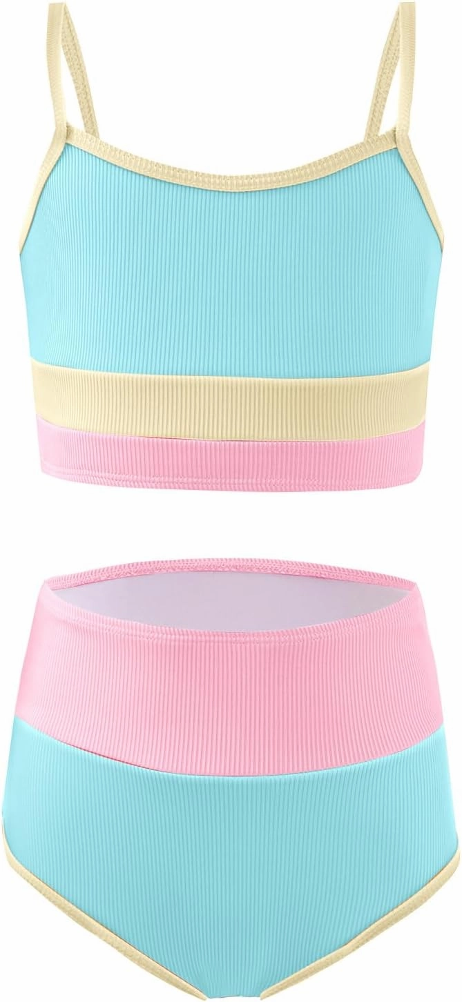 Haloumoning Girls Swimsuits Bikini Set Adjustable Straps Two Piece Color Block Girls' Swimwear with Chest Pad 5-14 Years