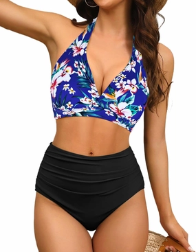 Halter V Neck Push Up Swimsuit Padded High Waisted Ruched Bottom Two Piece Bikini Set Bathing Suit for Women