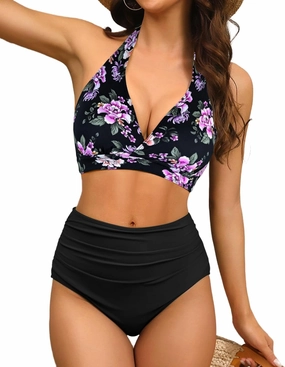 Halter V Neck Push Up Swimsuit Padded High Waisted Ruched Bottom Two Piece Bikini Set Bathing Suit for Women