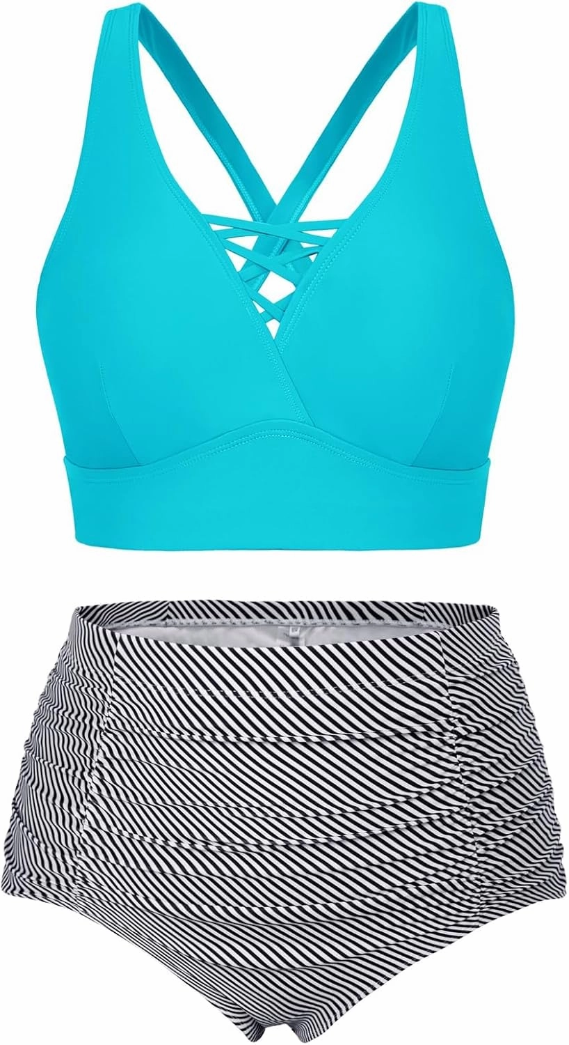 Hanna Nikole Bikini Sets for Women Plus Size Front Strappy Two Piece Bathing Suits High Waist Tummy Control Swimsuit