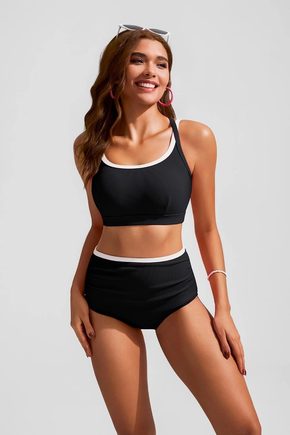 Hanna Nikole High Waisted Bikini Sets for Women Sporty Two Piece Swimsuits Color Block Cheeky High Cut Bathing Suits