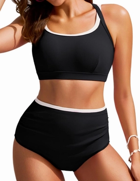 Hanna Nikole High Waisted Bikini Sets for Women Sporty Two Piece Swimsuits Color Block Cheeky High Cut Bathing Suits