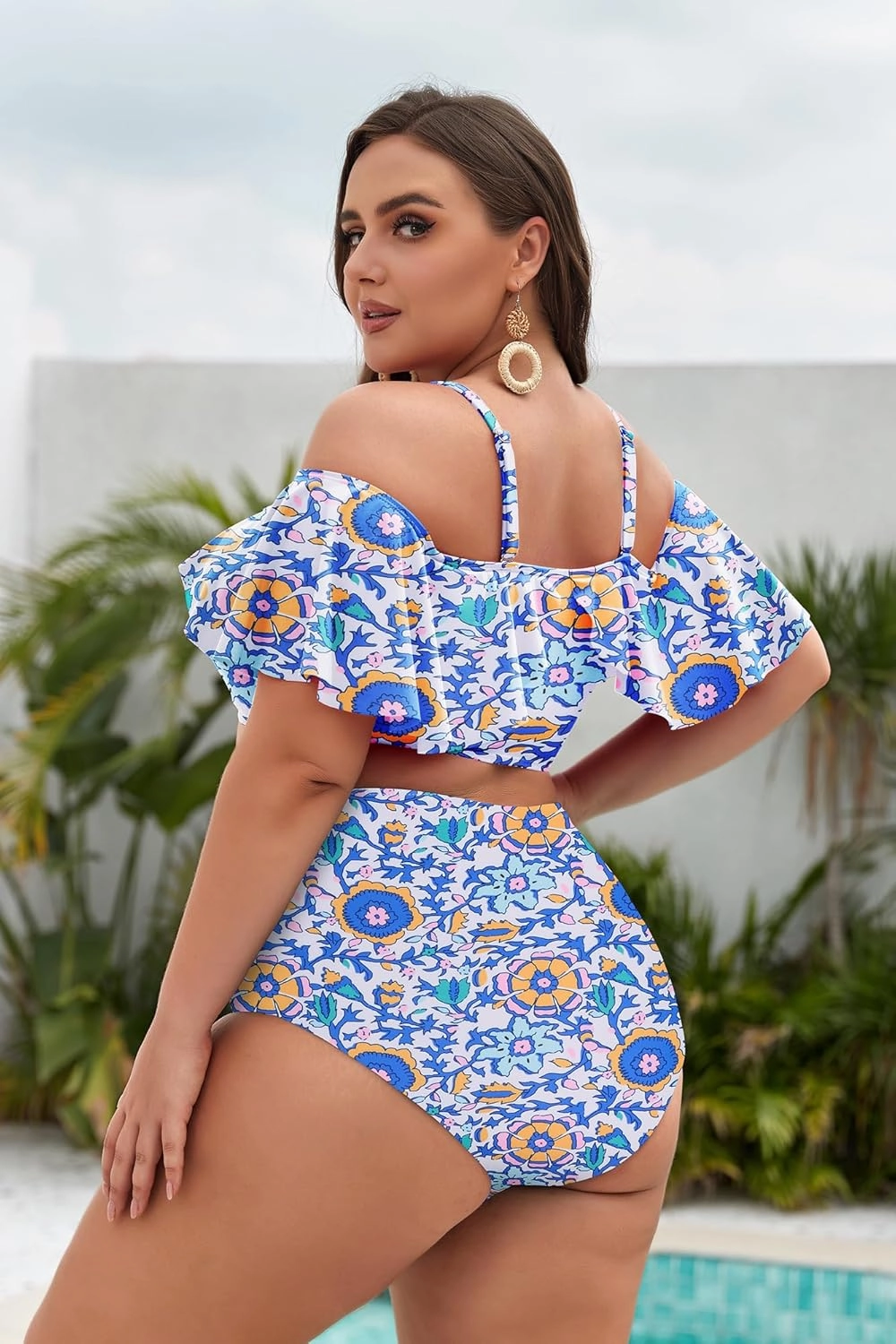 Hanna Nikole Plus-Size-Bikini Curvy Women Ruffle Drawstring Swimsuit 2 Piece Bathing Suit Ruched High Waisted Beach Vacation