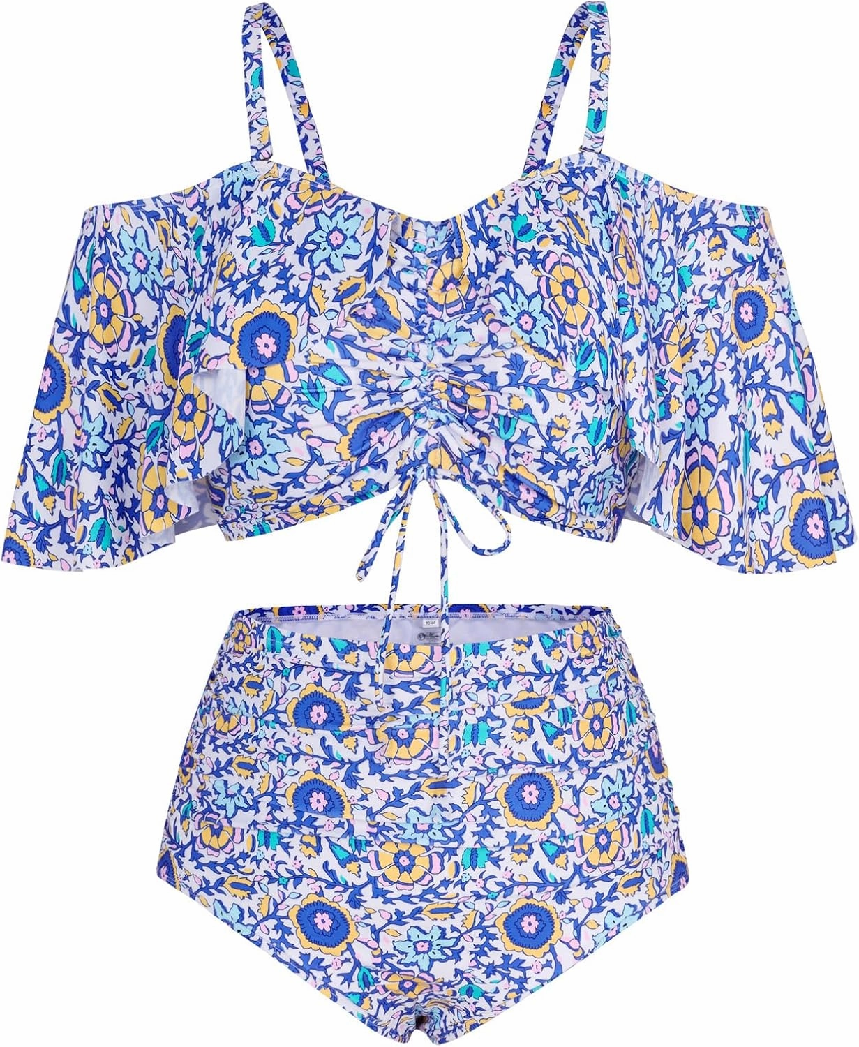 Hanna Nikole Plus-Size-Bikini Curvy Women Ruffle Drawstring Swimsuit 2 Piece Bathing Suit Ruched High Waisted Beach Vacation