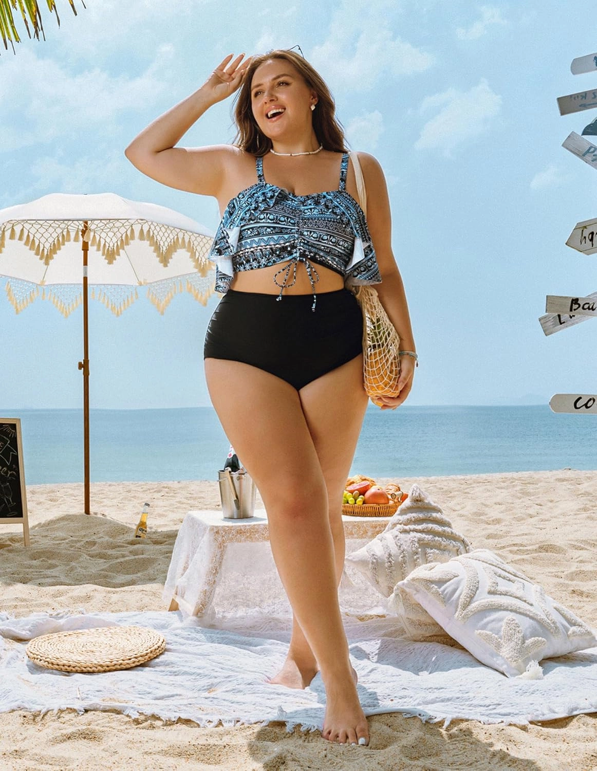 Hanna Nikole Plus-Size-Bikini Curvy Women Ruffle Drawstring Swimsuit 2 Piece Bathing Suit Ruched High Waisted Beach Vacation