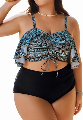 Hanna Nikole Plus-Size-Bikini Curvy Women Ruffle Drawstring Swimsuit 2 Piece Bathing Suit Ruched High Waisted Beach Vacation