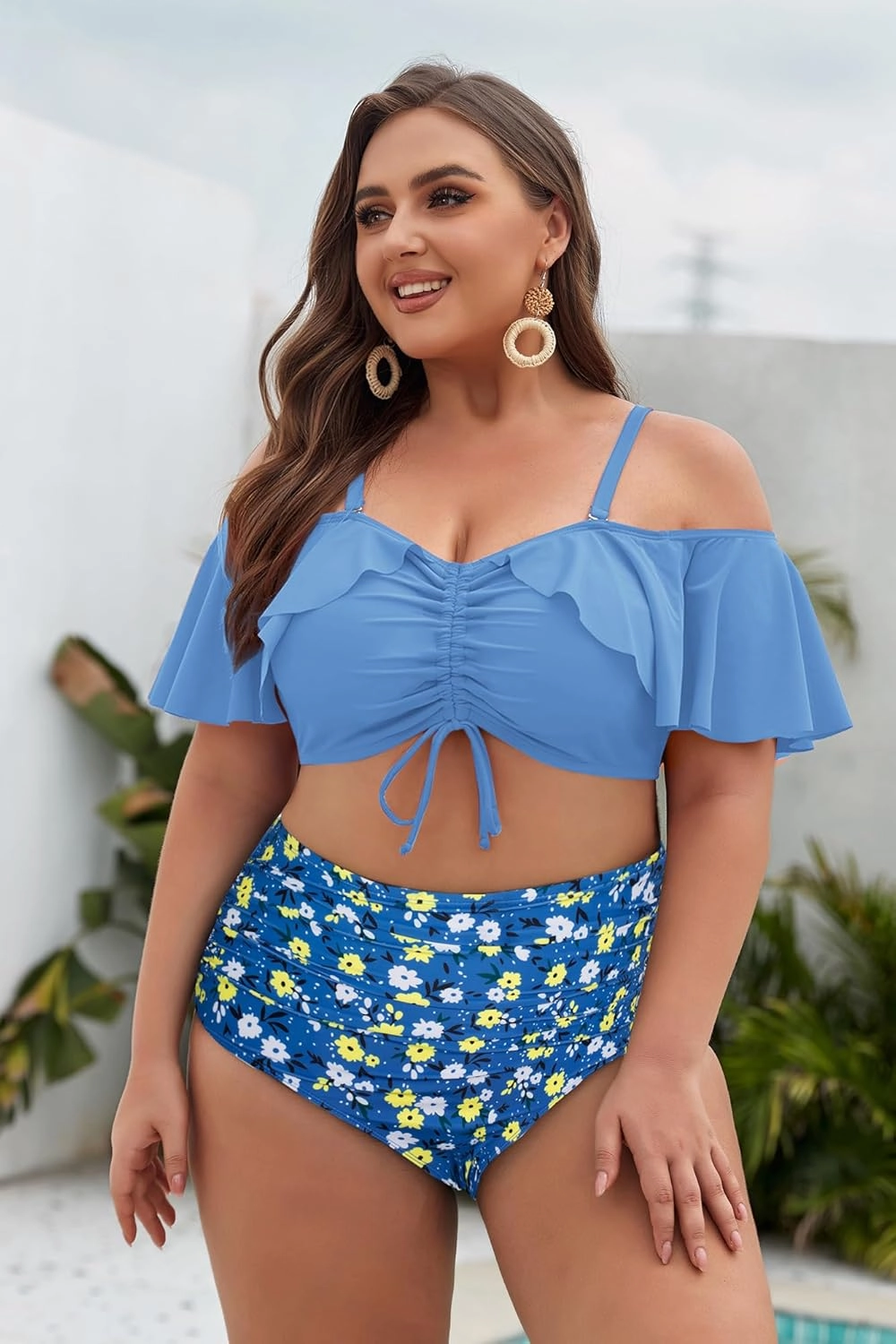 Hanna Nikole Plus-Size-Bikini Curvy Women Ruffle Drawstring Swimsuit 2 Piece Bathing Suit Ruched High Waisted Beach Vacation