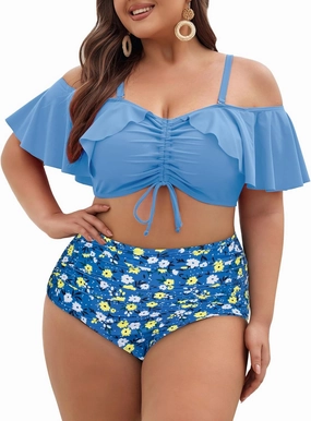 Hanna Nikole Plus-Size-Bikini Curvy Women Ruffle Drawstring Swimsuit 2 Piece Bathing Suit Ruched High Waisted Beach Vacation