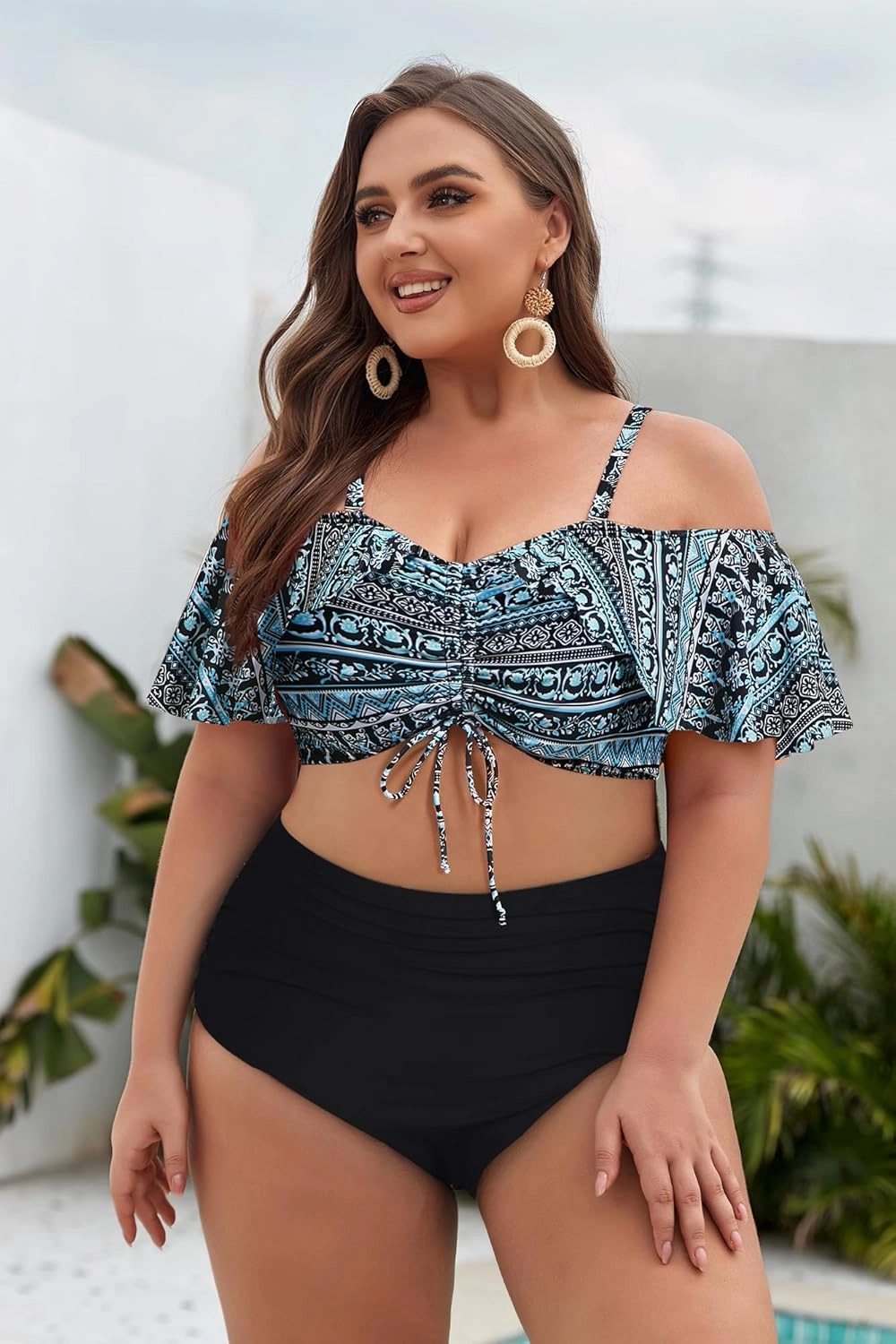 Hanna Nikole Plus-Size-Bikini Curvy Women Ruffle Drawstring Swimsuit 2 Piece Bathing Suit Ruched High Waisted Beach Vacation