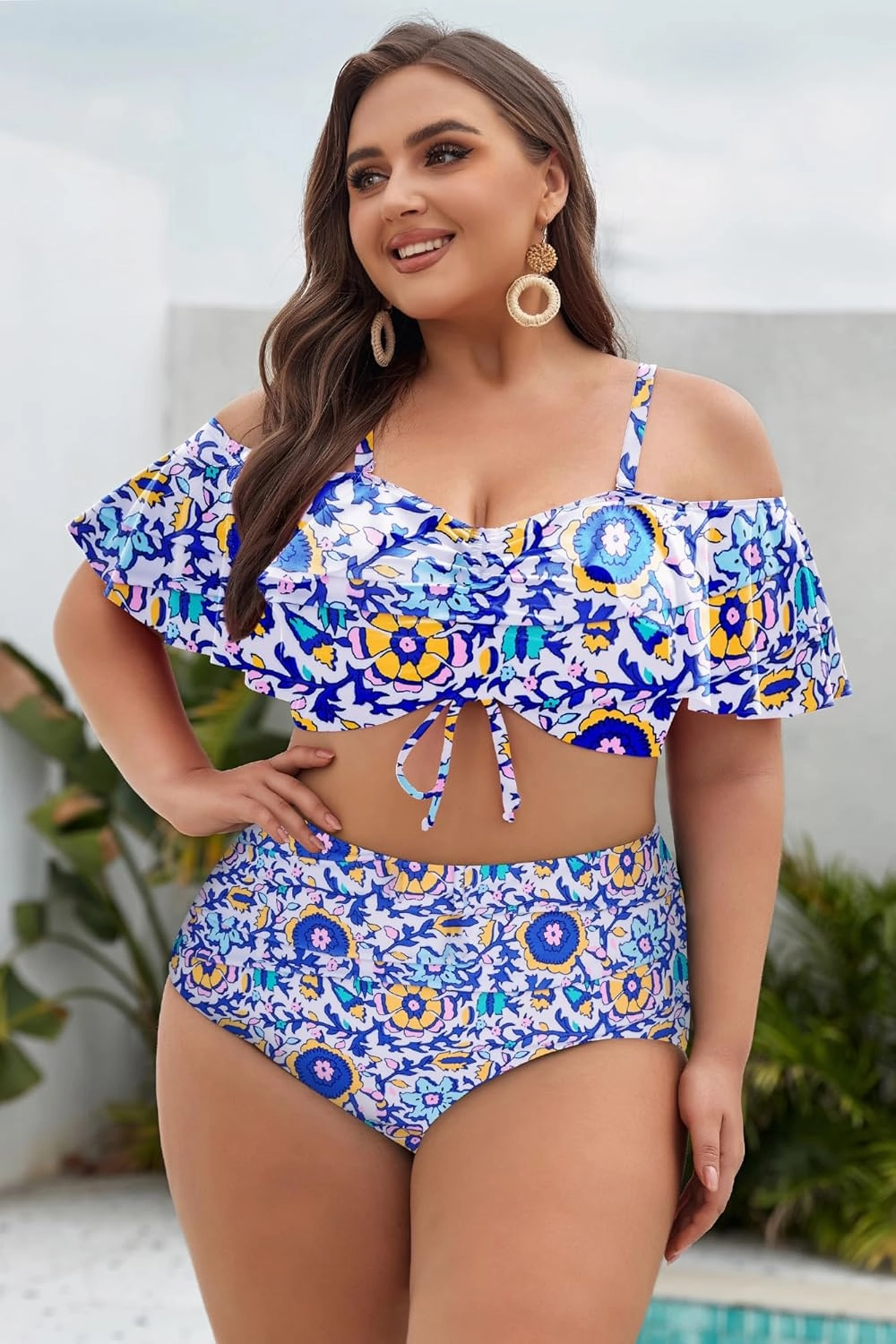 Hanna Nikole Plus-Size-Bikini Curvy Women Ruffle Drawstring Swimsuit 2 Piece Bathing Suit Ruched High Waisted Beach Vacation