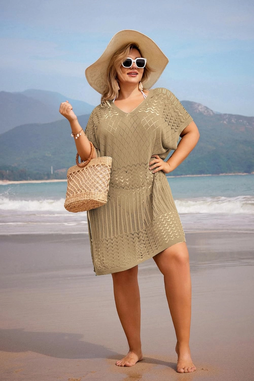 Hanna Nikole Plus Size Swimsuit Cover Up Women Split Hem Crochet Coverups Swimwear Cool Pullover Bathing Suit Cover Up Beach