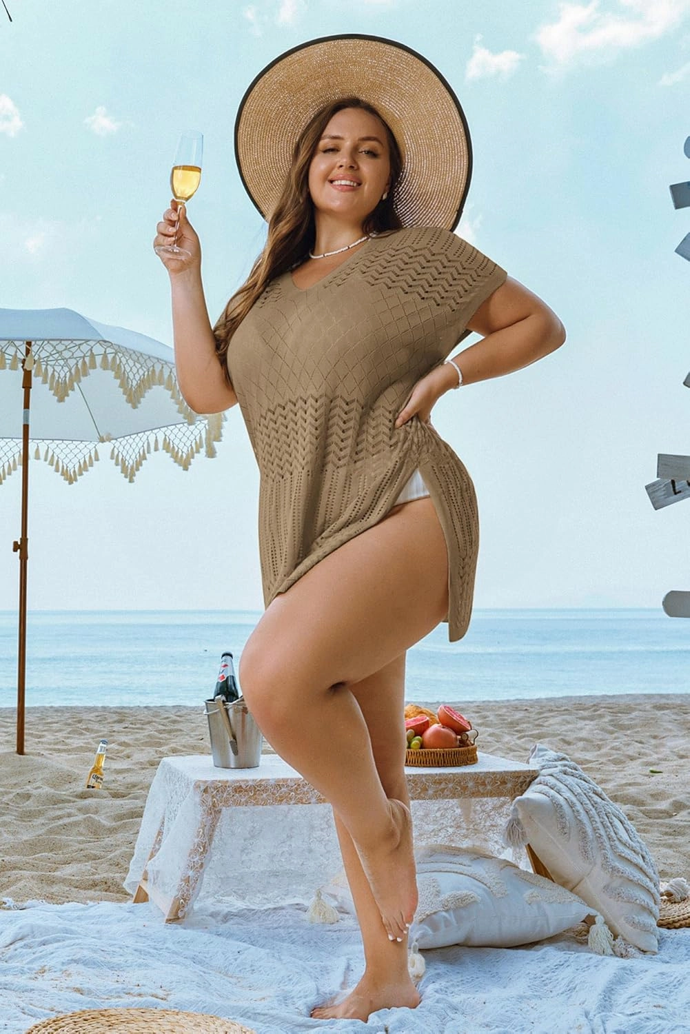 Hanna Nikole Plus Size Swimsuit Cover Up Women Split Hem Crochet Coverups Swimwear Cool Pullover Bathing Suit Cover Up Beach