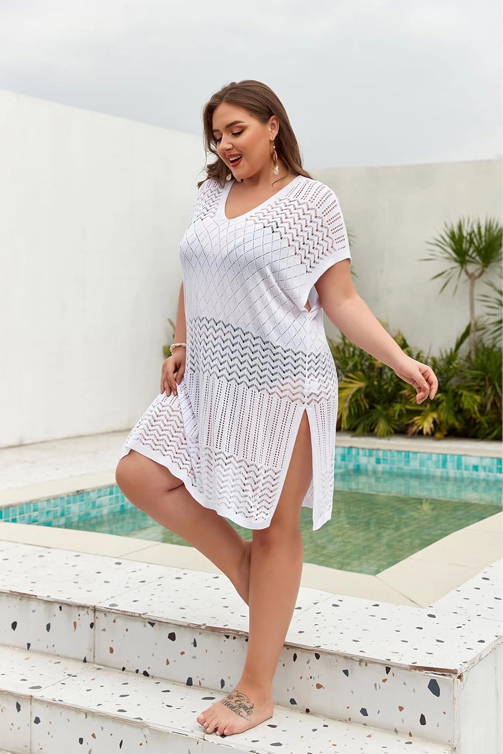 Hanna Nikole Plus Size Swimsuit Cover Up Women Split Hem Crochet Coverups Swimwear Cool Pullover Bathing Suit Cover Up Beach