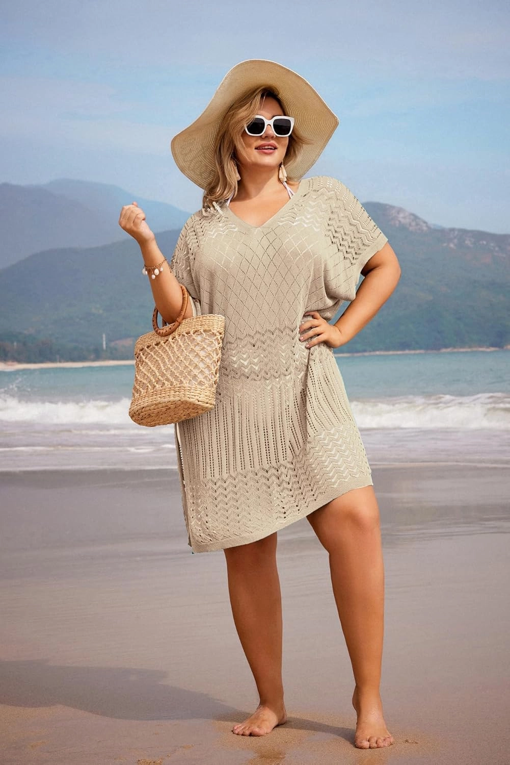 Hanna Nikole Plus Size Swimsuit Cover Up Women Split Hem Crochet Coverups Swimwear Cool Pullover Bathing Suit Cover Up Beach