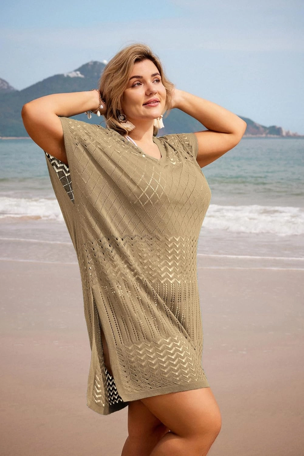 Hanna Nikole Plus Size Swimsuit Cover Up Women Split Hem Crochet Coverups Swimwear Cool Pullover Bathing Suit Cover Up Beach