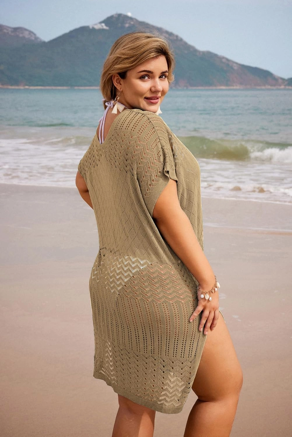 Hanna Nikole Plus Size Swimsuit Cover Up Women Split Hem Crochet Coverups Swimwear Cool Pullover Bathing Suit Cover Up Beach