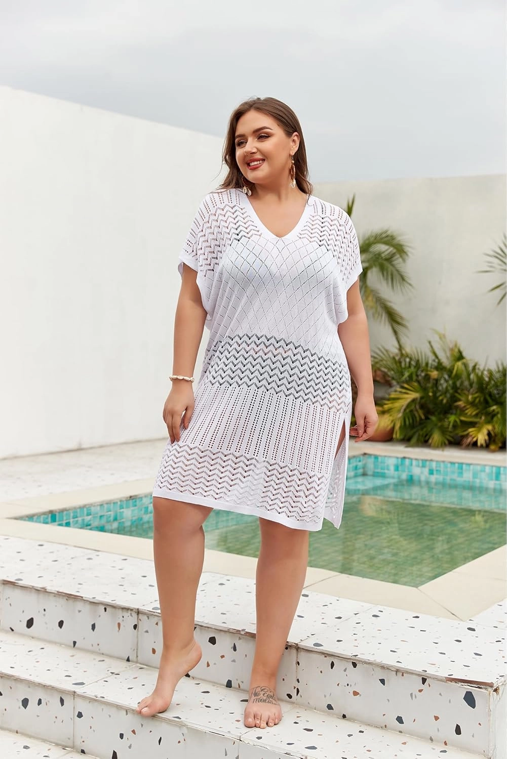 Hanna Nikole Plus Size Swimsuit Cover Up Women Split Hem Crochet Coverups Swimwear Cool Pullover Bathing Suit Cover Up Beach