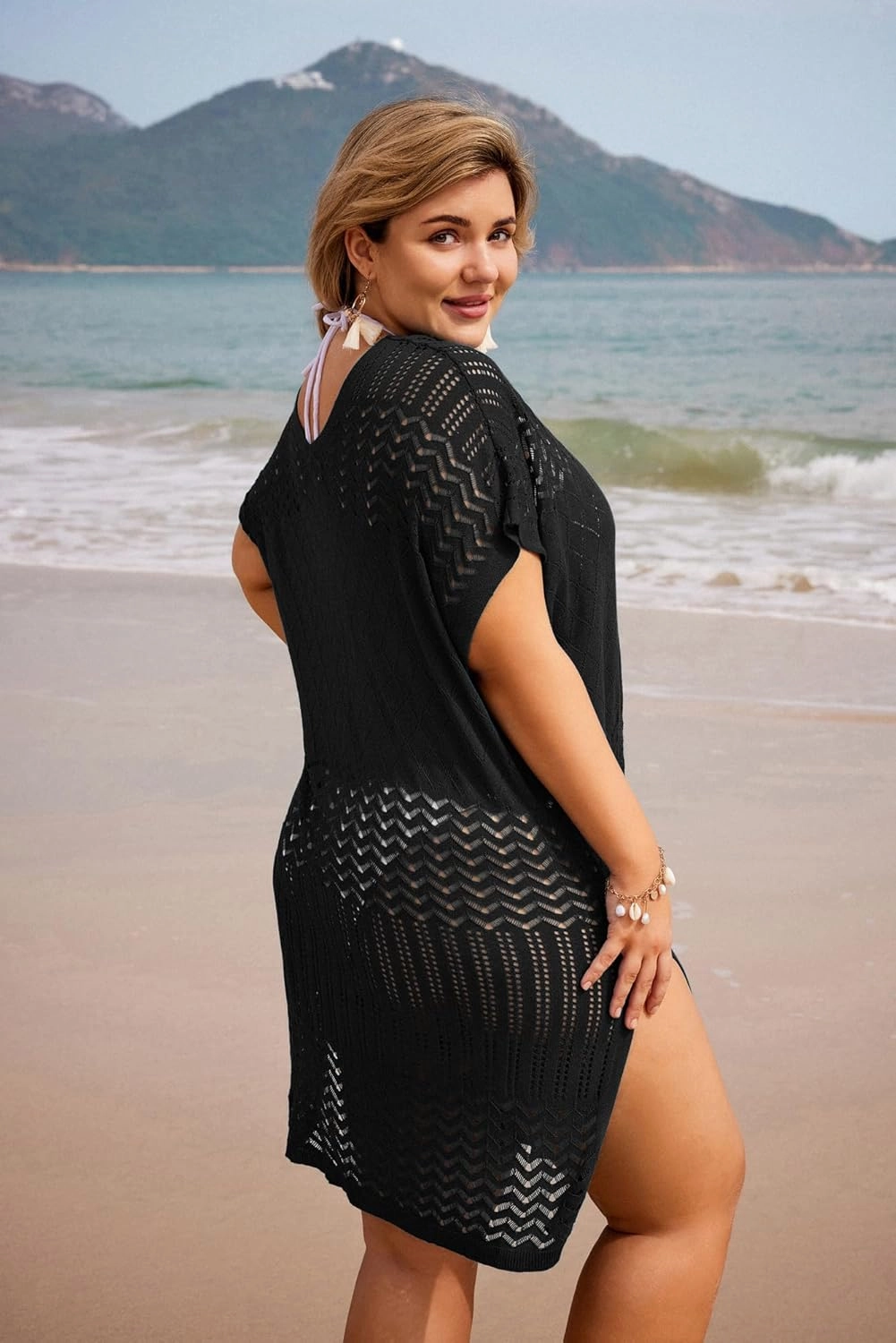 Hanna Nikole Plus Size Swimsuit Cover Up Women Split Hem Crochet Coverups Swimwear Cool Pullover Bathing Suit Cover Up Beach